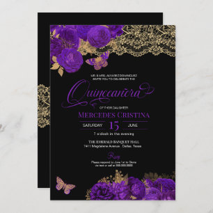Invitation Roses violets et papillon de dentelle Quinceañera