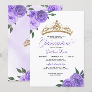 Invitation Roses violets Golden Tiara Quinceañera Anniversair