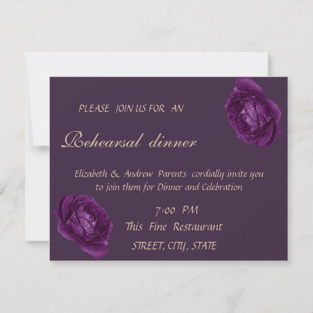 Invitation Roses Violettes Élégantes  Dîner de Répétition de  (Devant)