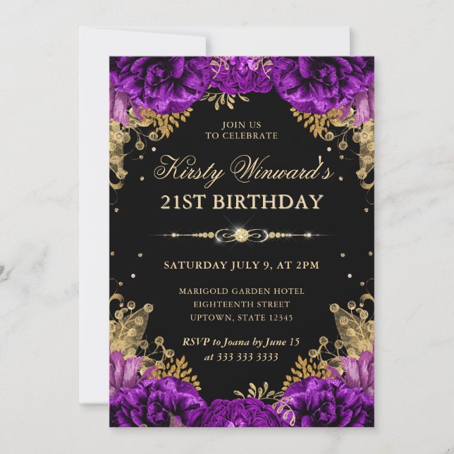Invitation Roses Violettes et Dorées Fleurs 21e Anniversaire (Devant)