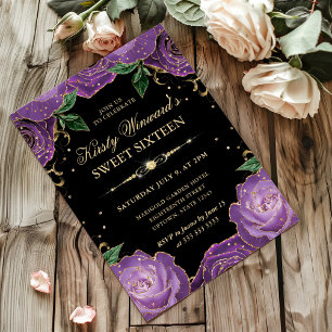 Invitation Roses violettes et dorées Fleurs Douze ans sucrés