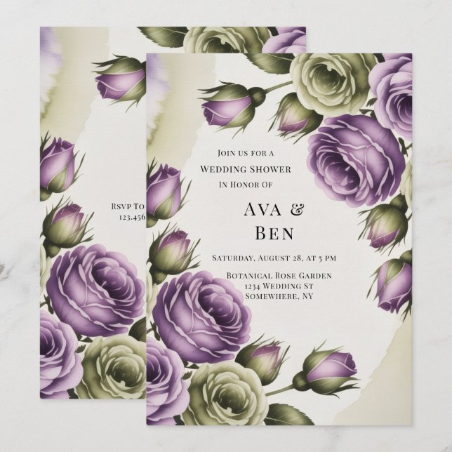 Invitation Roses Violettes et Vert Sauge Peinture de Mariage  (Devant / Derrière)