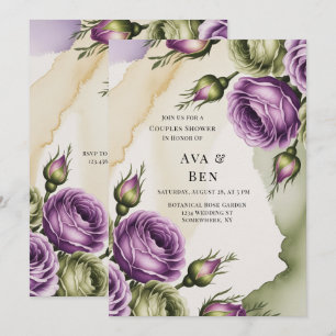 Invitation Roses Violettes et Vert Sauge Peinture de Mariage