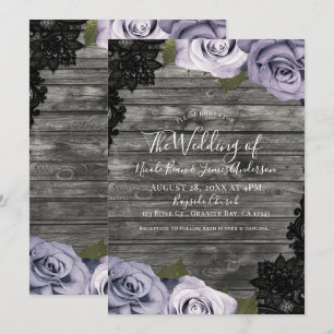 Invitation Roses Violettes Glacées Bois Rustique Mariage Dent
