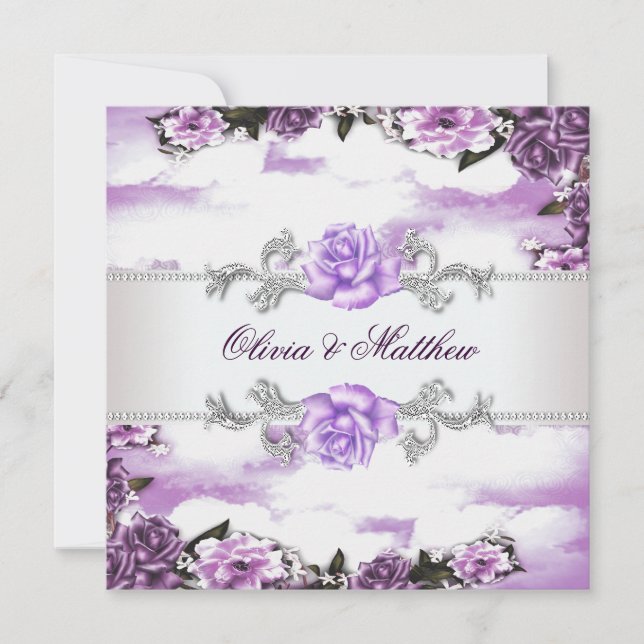 Invitation Roses Violettes Lavande Violet Blanc Nuage Mariage (Devant)