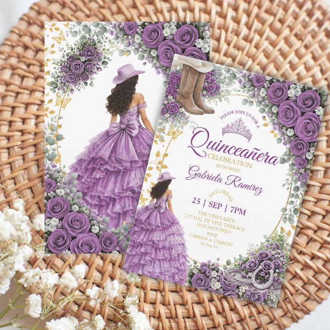 Invitation Roses Violettes Occidentales Pays Doré Quinceañera (Créateur téléchargé)
