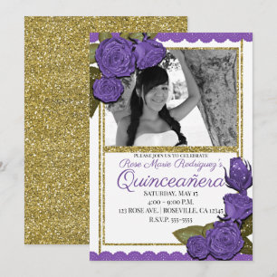 Invitation Roses violettes paillettes dorées Quinceañera Anni