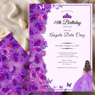 Invitation Roses violettes pour 18 ans et robe de débutante