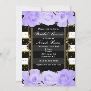 Invitation Roses Violettes Rayures Noires & Or Fête de Mariag