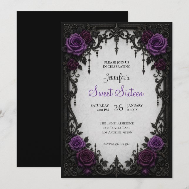 Invitation Roses Violettes Sweet 16 Anniversaire (Devant / Derrière)