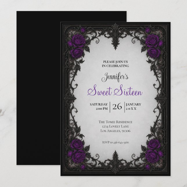 Invitation Roses Violettes Sweet 16 Anniversaire (Devant / Derrière)