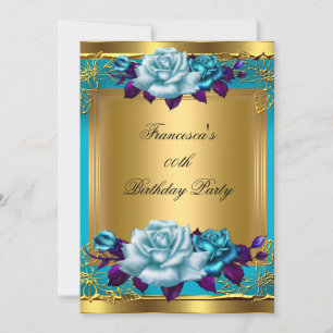 Invitation Roses Violettes Turquoise Or Parti Élégant D'anniv