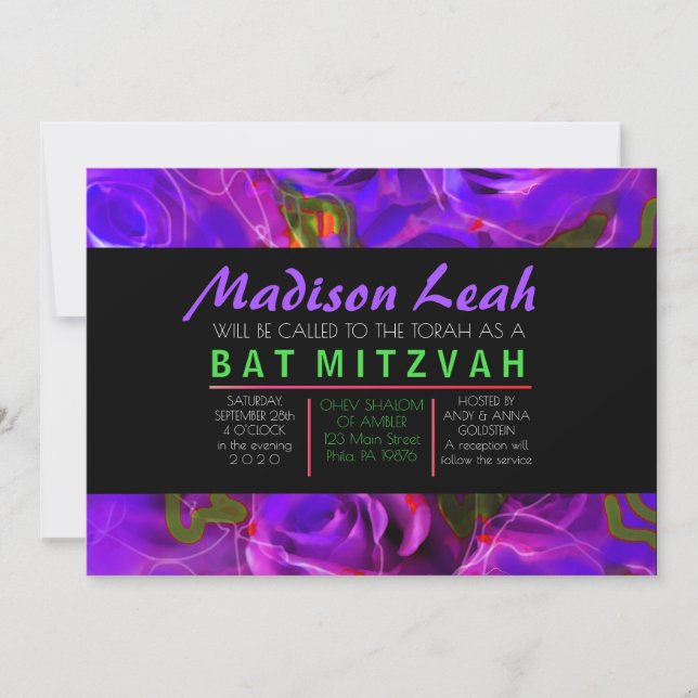 Invitation ROSES WATERCOLOR PURPLE NEON Bat mitzvah (Devant)