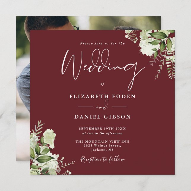 Invitation Rosewood Pink Greenery Floral Photo Carré Mariage (Devant / Derrière)