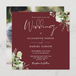 Invitation Rosewood Pink Greenery Floral Photo Carré Mariage