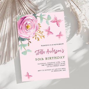 Invitation Rosier rose fleuri anniversaire vert papillon