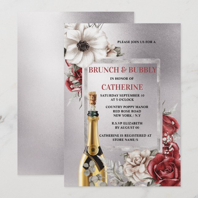 Invitation Rosier rouge argenté fleur pétillant vin chic (Devant / Derrière)
