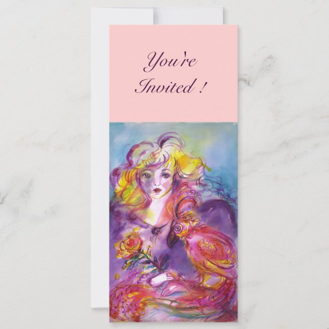 Invitation ROSINA / DAME AVEC ROSE ET PARROT Bleu rose (Devant)