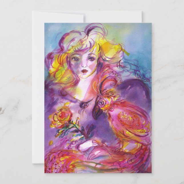 Invitation ROSINA / DAME AVEC ROSE ET PARROT Bleu rose (Devant)