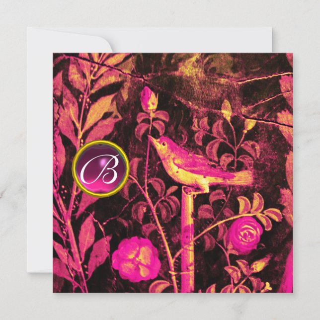 Invitation ROSSIGNOL AVEC MONOGRAMME AUX ROSES, Rose Noir Jau (Devant)