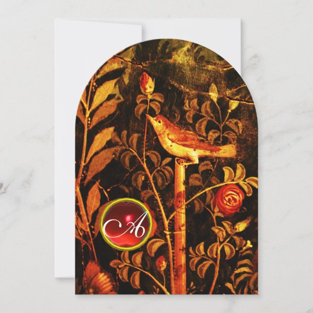 Invitation ROSSIGNOL AVEC MONOGRAMME DE ROSES, Rouge Noir Jau (Devant)