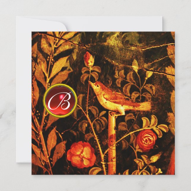 Invitation ROSSIGNOL AVEC MONOGRAMME DE ROSES, Rouge Noir Or (Devant)