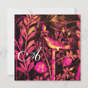 Invitation ROSSIGNOL AVEC MONOGRAMME ROSES, Rose Noir Jaune