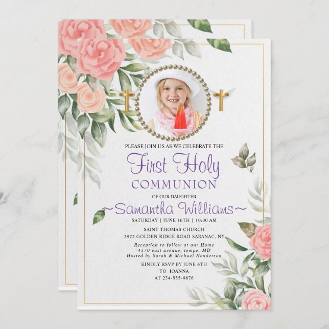 Invitation Rosy Aquarelle Blush Floral Première Communion (Devant / Derrière)