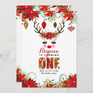 Invitation Rosy Cheeks Gold Eyes Floral Reindeer 1ER ANNIVERS