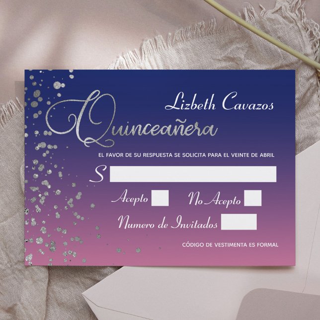 Invitation Rotation Bleu Violet Argent Confetti Quinceanera R (Créateur téléchargé)