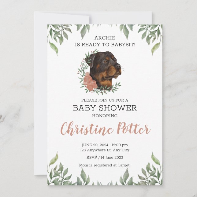 Invitation Rottweiler Girl Chien Boho Baby shower de verdure (Devant)