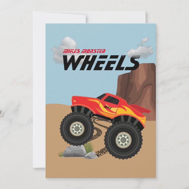 Invitation Roue de monstre orange, jaune, rouge, vert invitat (Devant)