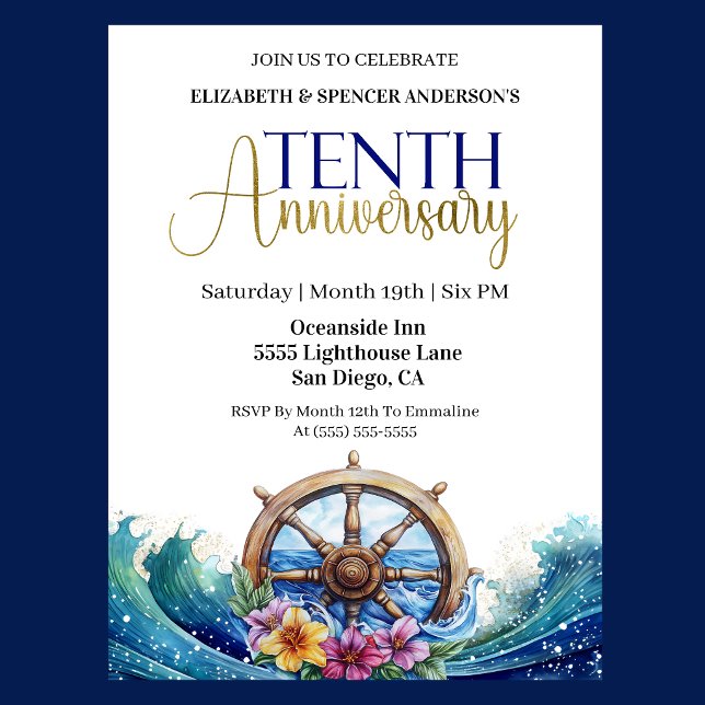 Invitation Roue de navigation de voile 10e anniversaire de ma (Nautical 10th wedding anniversary invitation with navy blue and gold text, ship wheel and ocean wave)