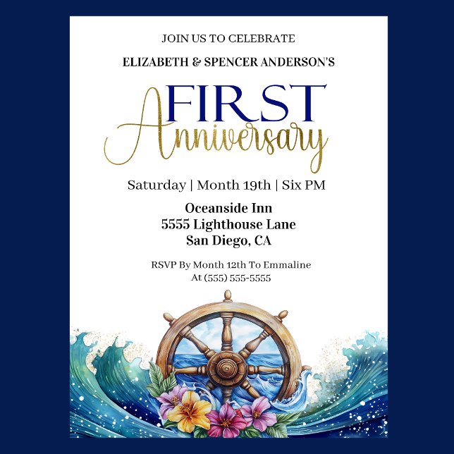 Invitation Roue de navigation de voile 1er anniversaire de ma (Nautical 1st wedding anniversary invitation with navy blue and gold text, ship wheel and ocean wave)