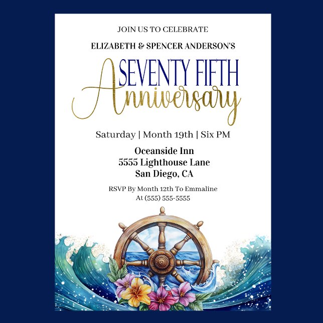 Invitation Roue de navigation maritime 75e anniversaire de ma (Nautical 75th wedding anniversary invitation with ship wheel, ocean waves, and tropical flowers 
)