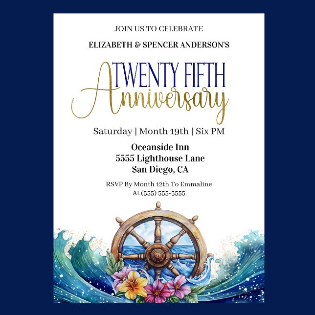 Invitation Roue de navigation pour voilier 25e anniversaire d (Nautical 25th wedding anniversary invitation with ship wheel, ocean waves, and tropical flowers )