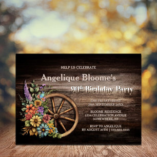 Invitation Roue en bois rustique Floral Wagon 90e anniversair