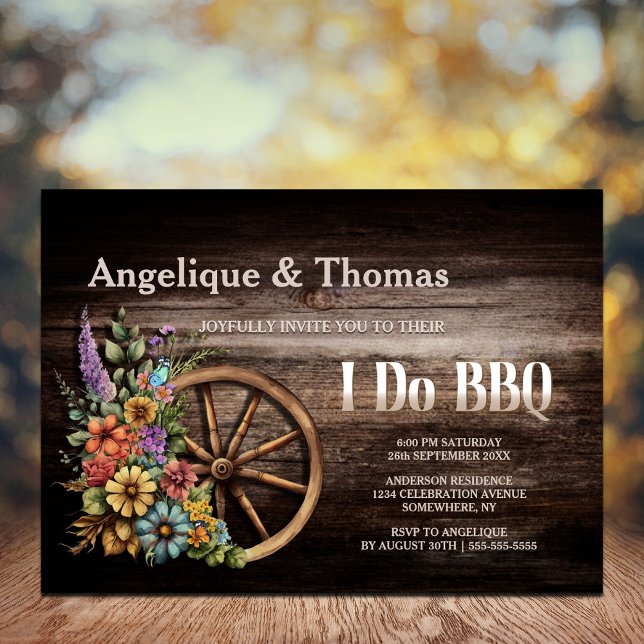 Invitation Roue en bois rustique Floral Wagon Wheel I Do BBQ (Créateur téléchargé)