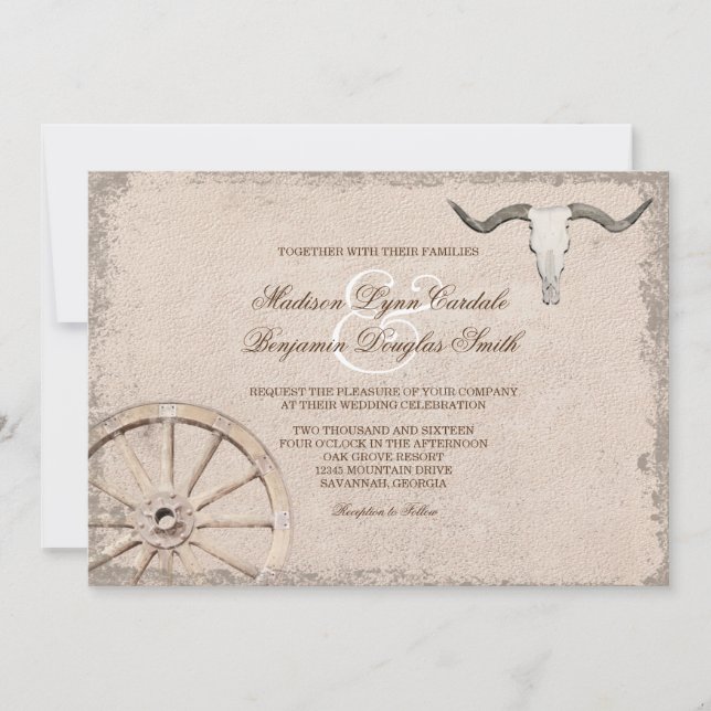 Invitation Roue en Wagon Rustique Longhorn Cowboy Mariage (Devant)