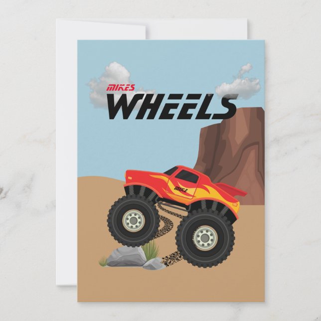 Invitation Roues Monster orange, jaune, rouge, vert (Devant)