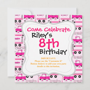 Invitation Roues roses chaudes Voitures anciennes Camions Sco