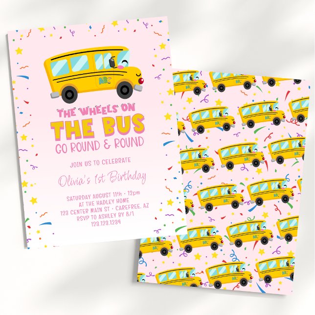 Invitation Roues roses sur le bus 1er anniversaire (Créateur téléchargé)