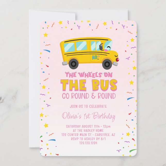 Invitation Roues roses sur le bus 1er anniversaire (Devant)