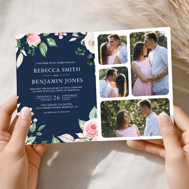 Invitation Rouge à joues Rose Floral Code QR Bleu marine Mari (Créateur téléchargé)
