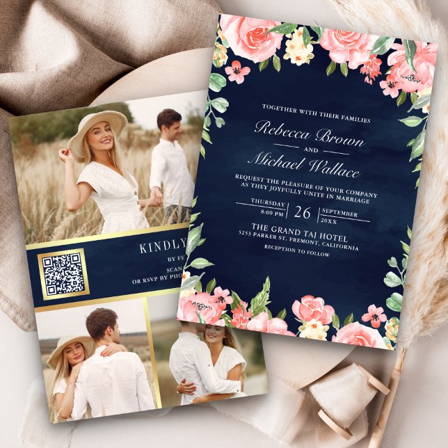 Invitation Rouge à joues Rose Floral Code QR Photo Bleu marin (Créateur téléchargé)