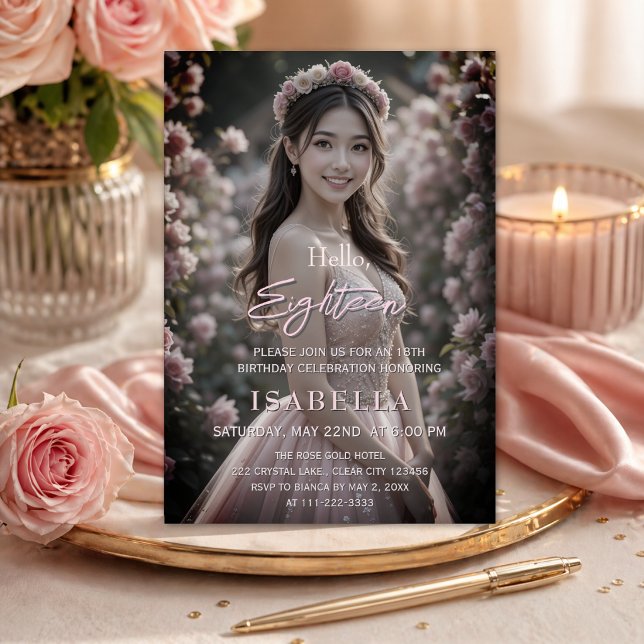 Invitation Rouge à joues Rose Hello Dix-huit Photo (Blush pink 18th birthday invitation with soft floral and elegant photo design)