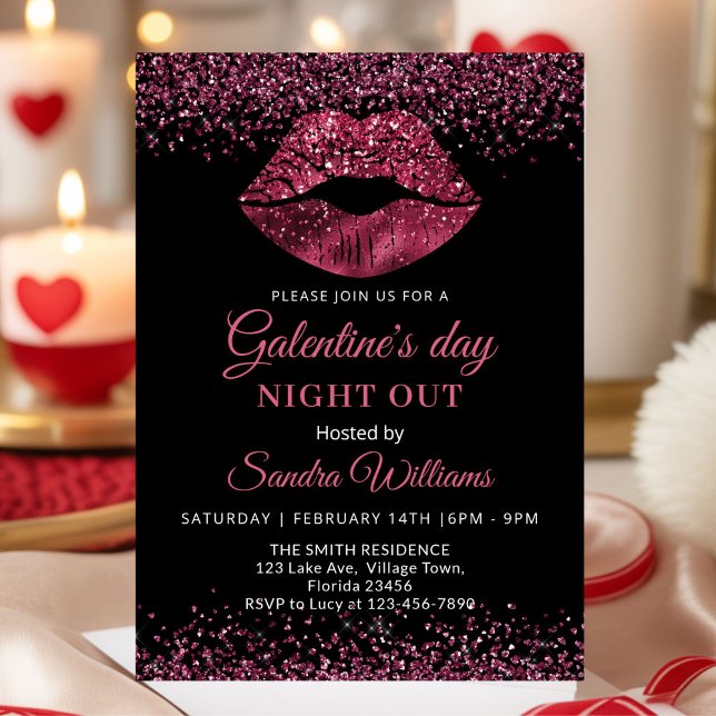 Invitation Rouge à lèvres bordeaux pour une soirée de Galenti (Burgundy Glitter Lipstick Galentine's day party invitation)