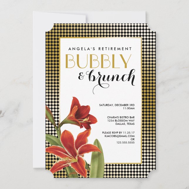 Invitation Rouge Amaryllis Flower Checked Gold (Devant)