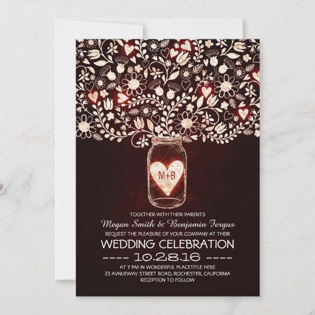 Invitation Rouge amour mason jarre fleurs mariage invite (Devant)