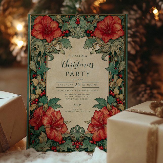 Invitation Rouge Antique Amaryllis Botanique Noël (Créateur téléchargé)